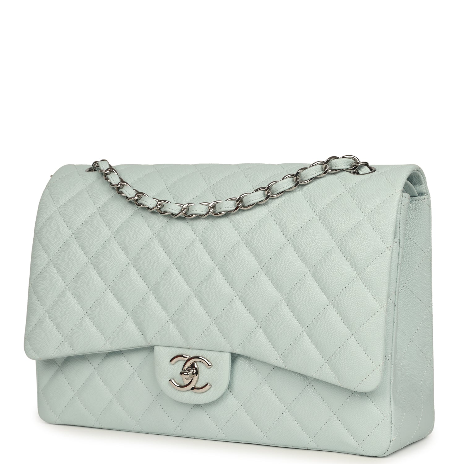 Maxi Classic Double Flap Bag Light Blue Shiny Caviar Silver Hardware