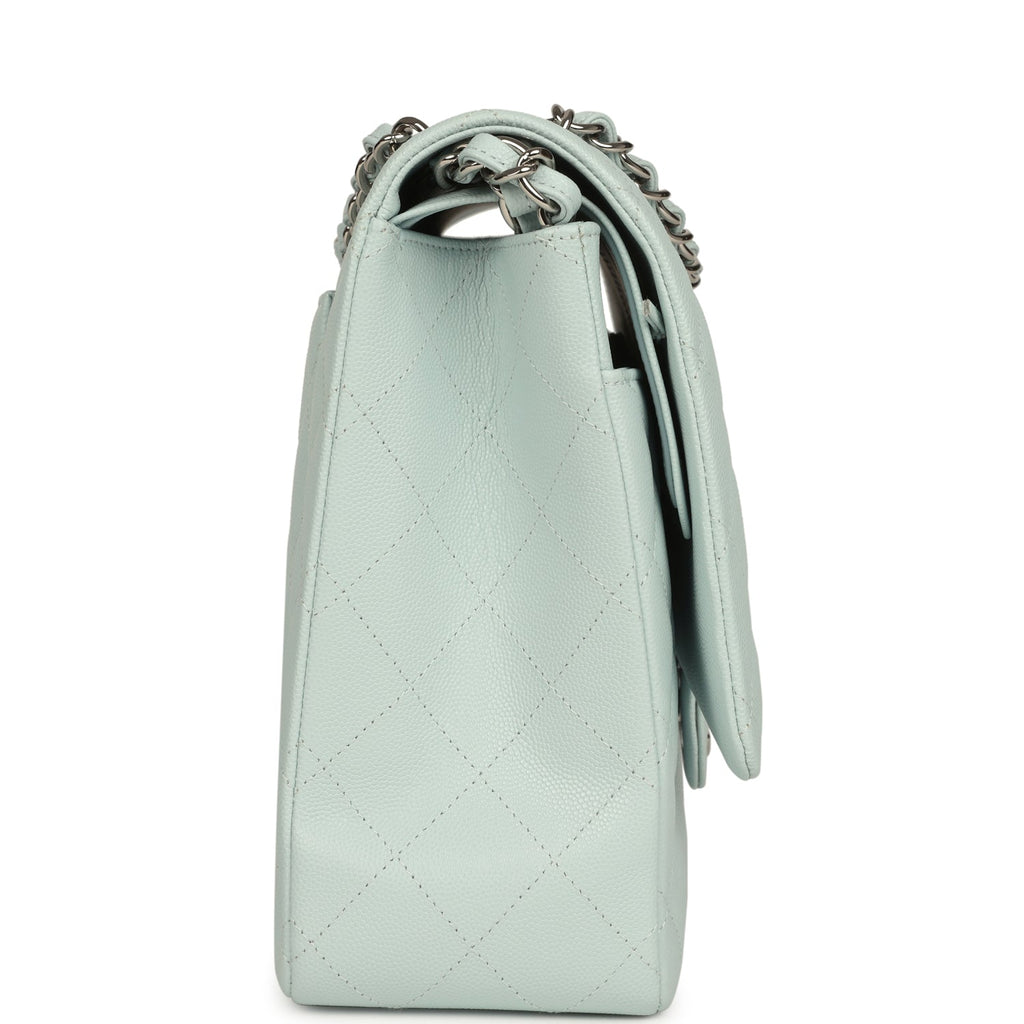 Maxi Classic Double Flap Bag Light Blue Shiny Caviar Silver Hardware
