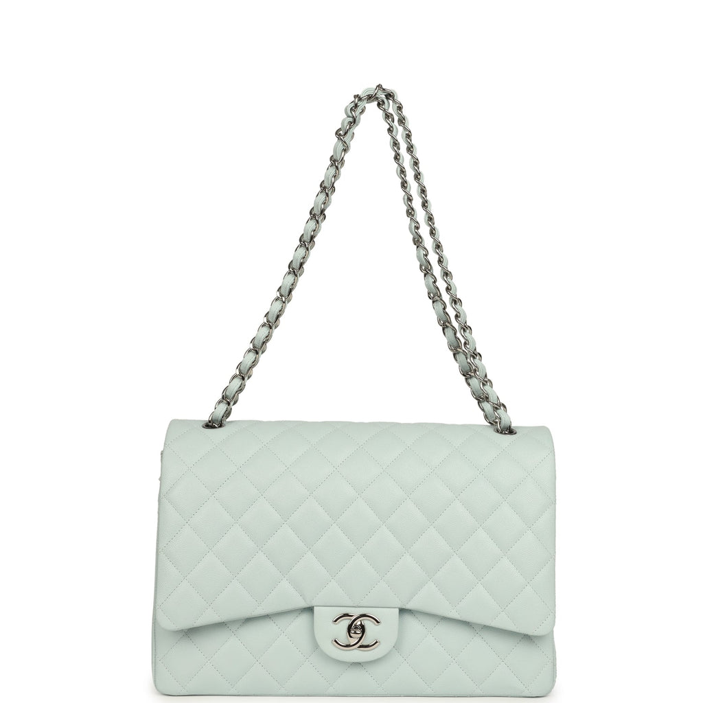 Maxi Classic Double Flap Bag Light Blue Shiny Caviar Silver Hardware