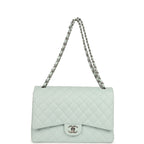 Maxi Classic Double Flap Bag Light Blue Shiny Caviar Silver Hardware