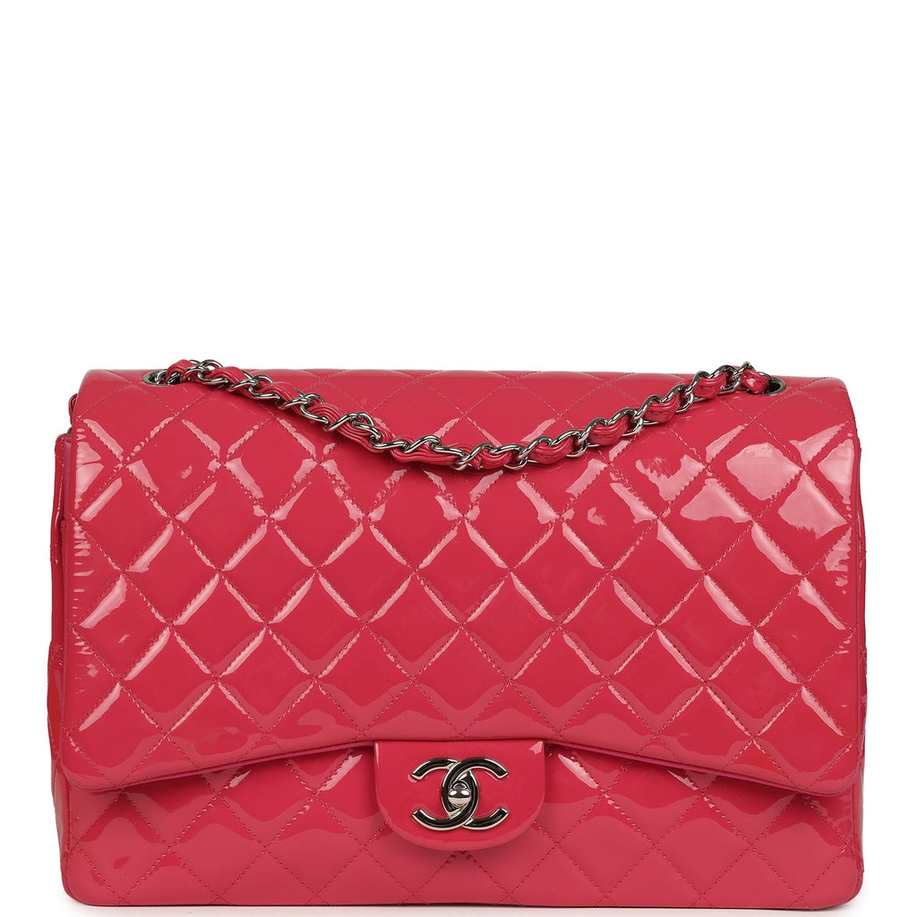 Maxi Classic Double Flap Bag Dark Pink Patent Silver Hardware