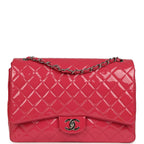 Maxi Classic Double Flap Bag Dark Pink Patent Silver Hardware