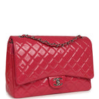 Maxi Classic Double Flap Bag Dark Pink Patent Silver Hardware