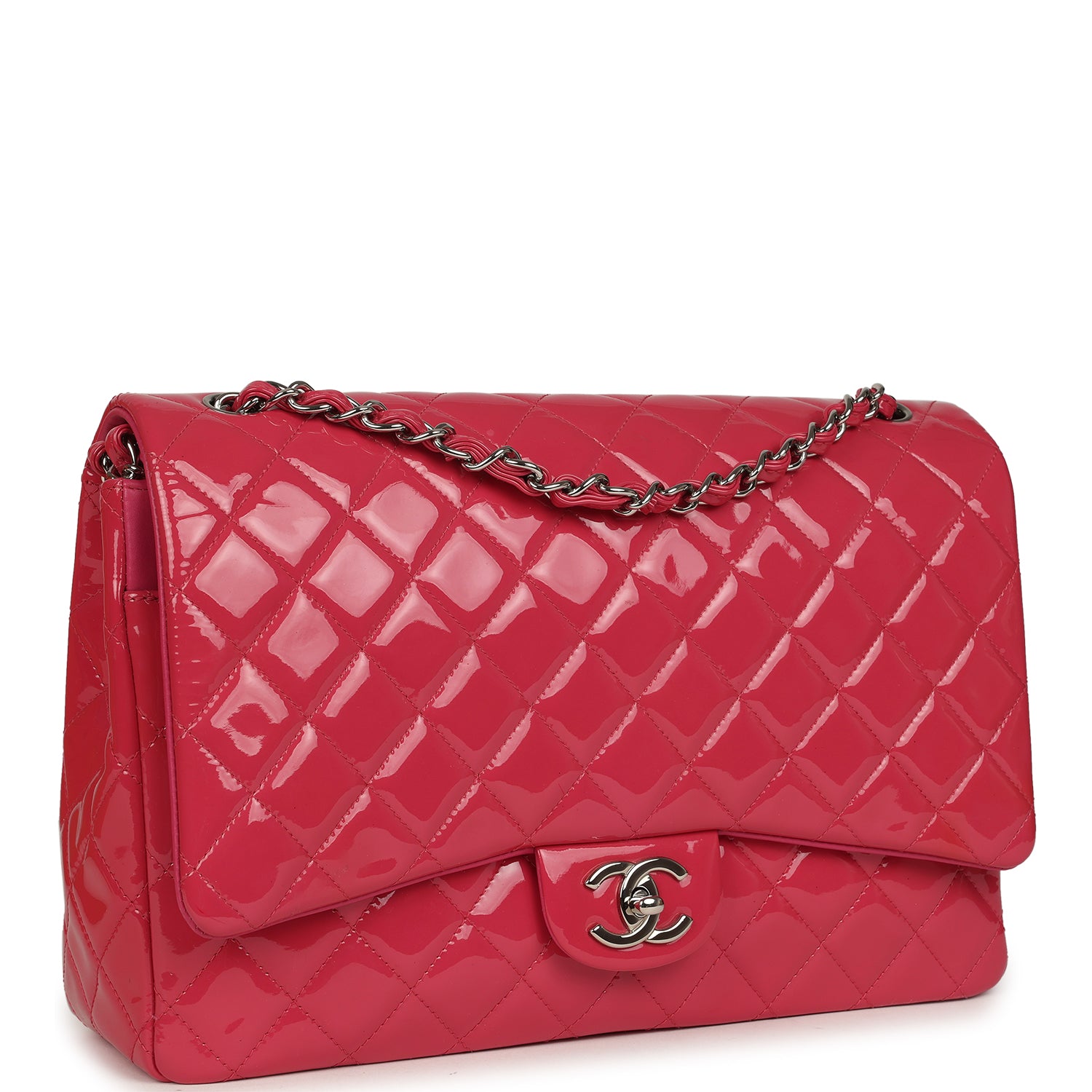 Maxi Classic Double Flap Bag Dark Pink Patent Silver Hardware