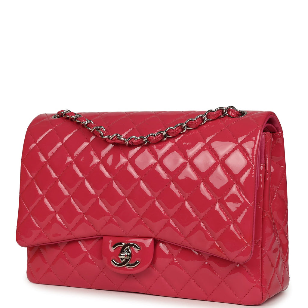 Maxi Classic Double Flap Bag Dark Pink Patent Silver Hardware