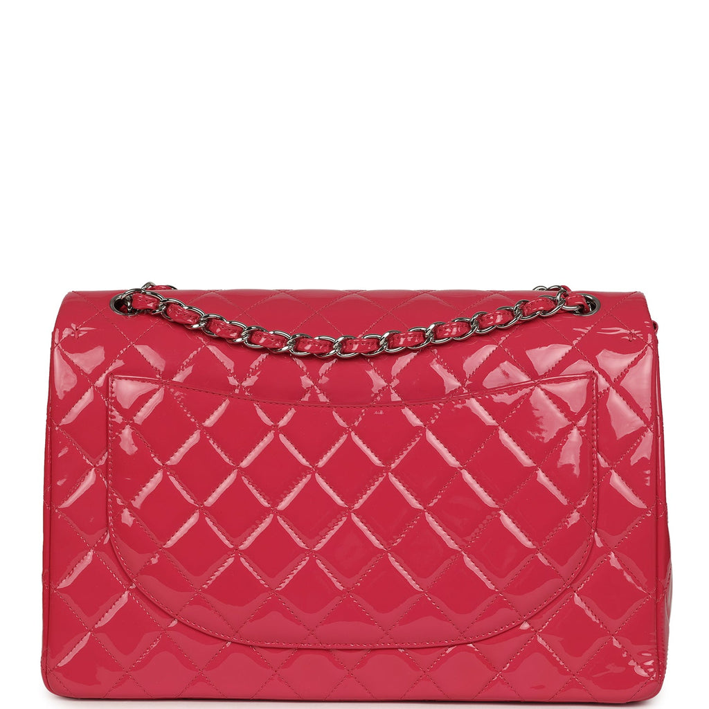 Maxi Classic Double Flap Bag Dark Pink Patent Silver Hardware