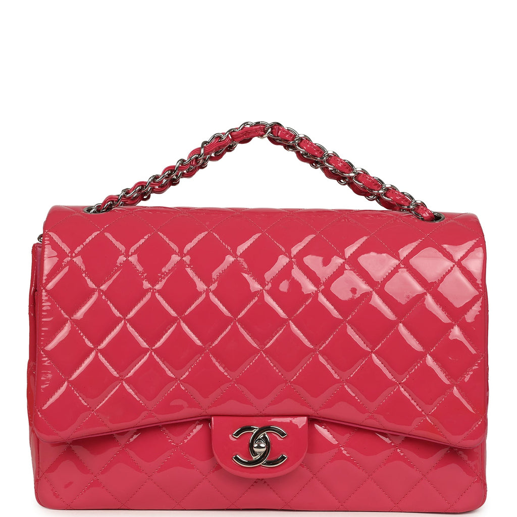Maxi Classic Double Flap Bag Dark Pink Patent Silver Hardware