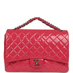 Maxi Classic Double Flap Bag Dark Pink Patent Silver Hardware
