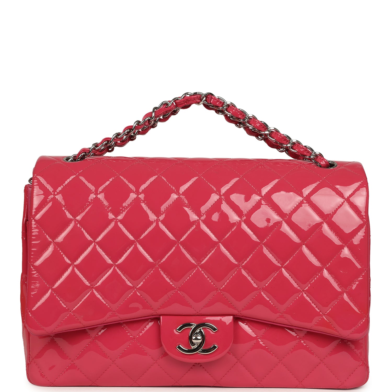 Maxi Classic Double Flap Bag Dark Pink Patent Silver Hardware