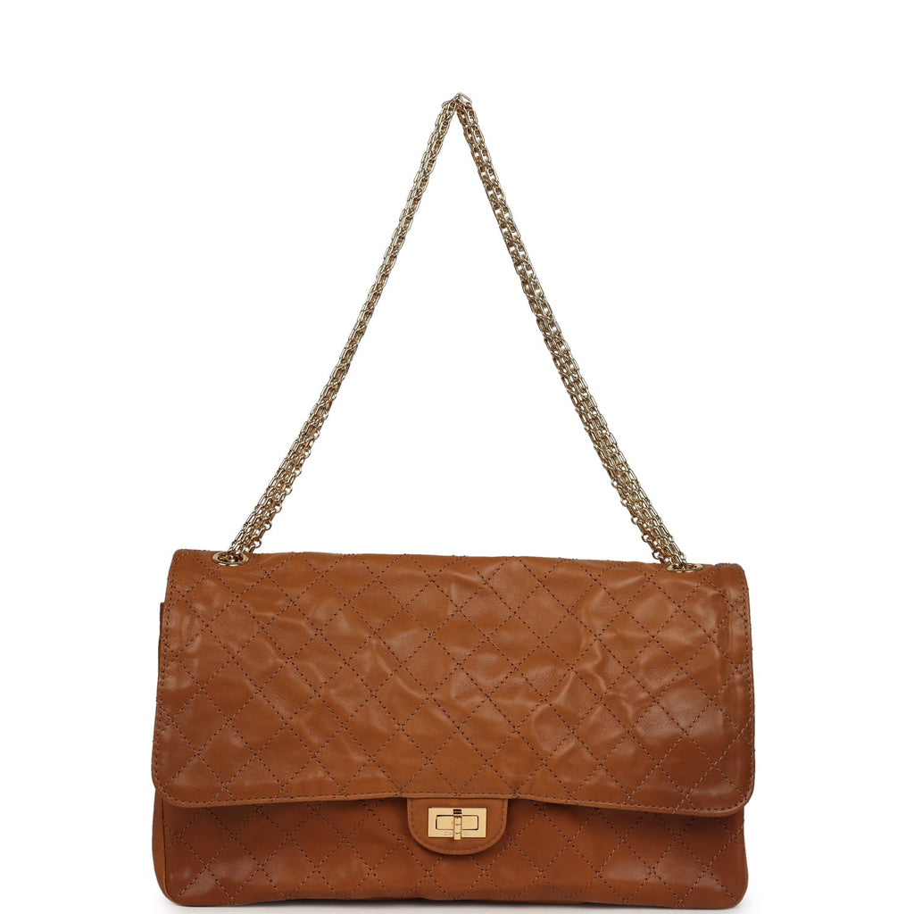 Maxi "Crush" Reissue 225 2.55 Double Flap Bag Camel Patinated Calfskin Gold Hardware