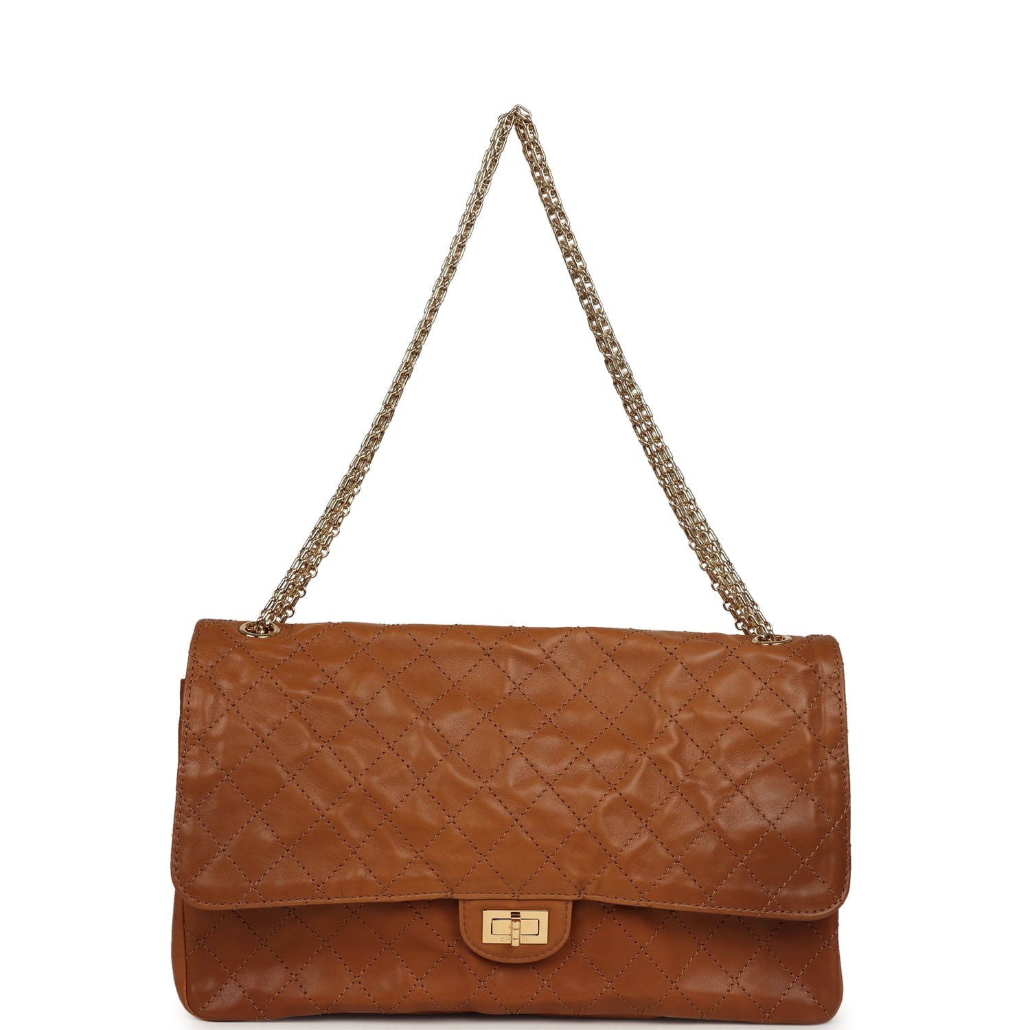 Maxi "Crush" Reissue 225 2.55 Double Flap Bag Camel Patinated Calfskin Gold Hardware