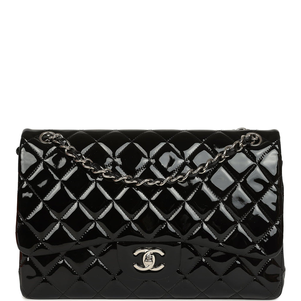 Jumbo Classic Double Flap Bag Black Patent Silver Hardware