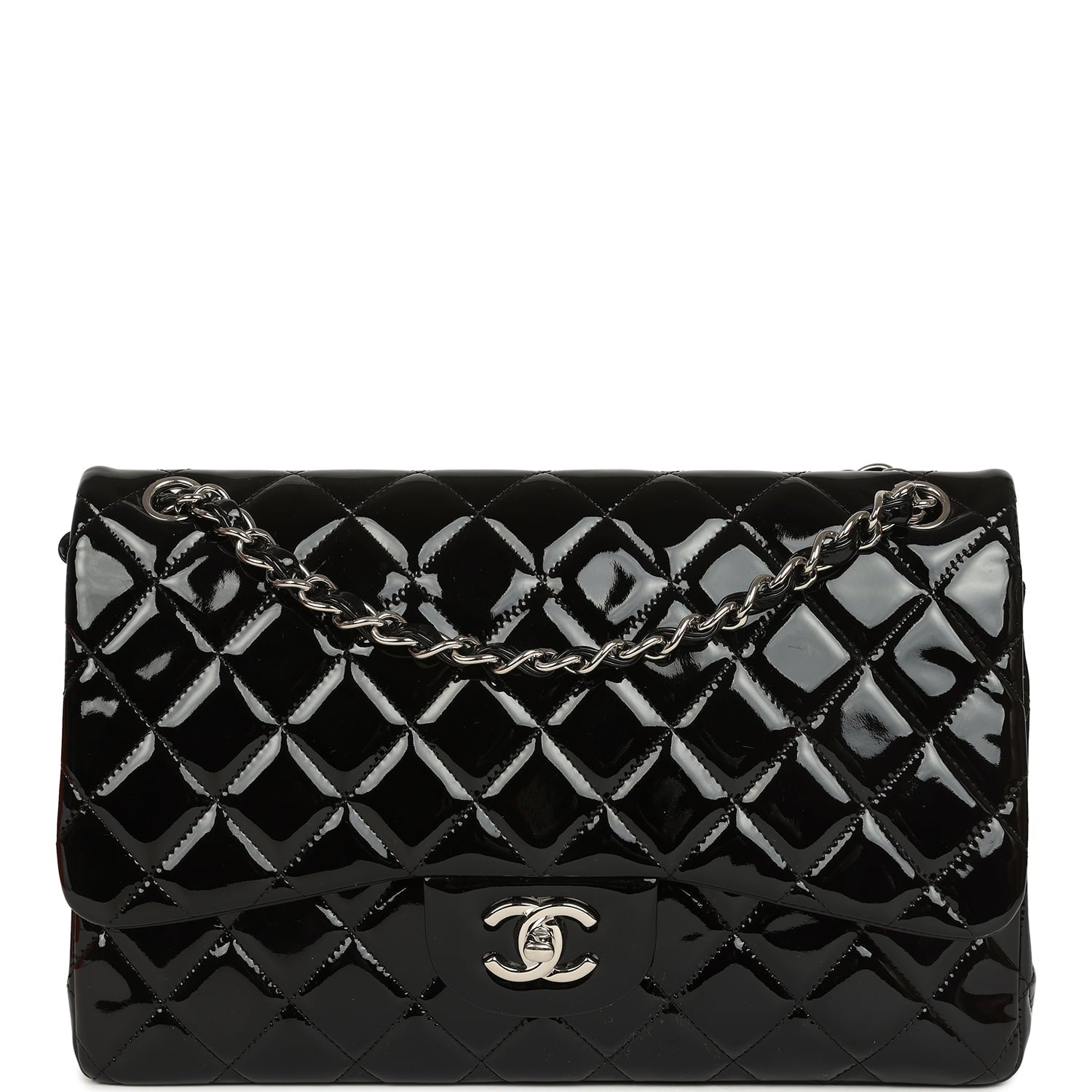 Jumbo Classic Double Flap Bag Black Patent Silver Hardware