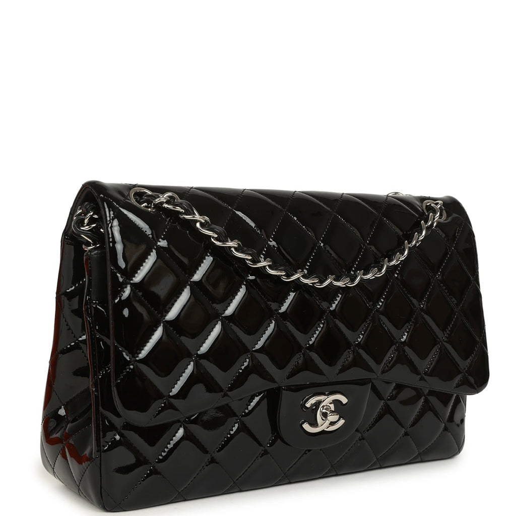 Jumbo Classic Double Flap Bag Black Patent Silver Hardware