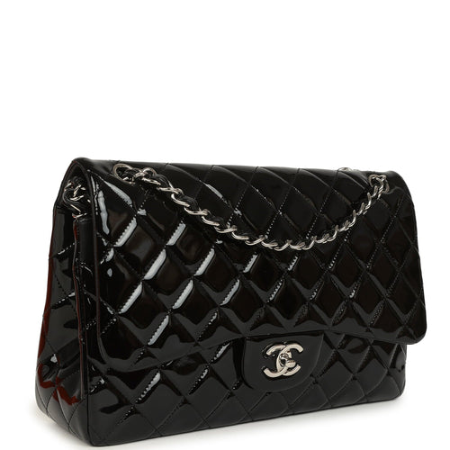 Jumbo Classic Double Flap Bag Black Patent Silver Hardware