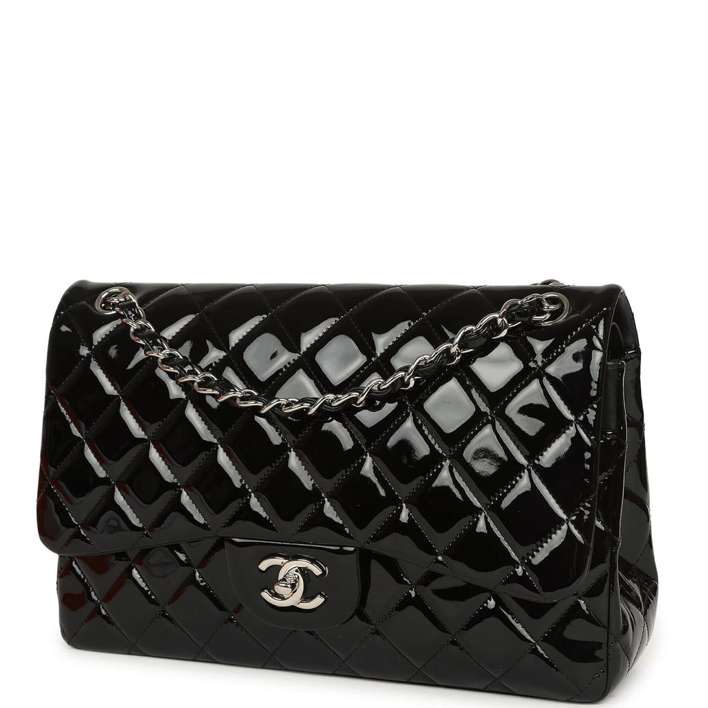 Jumbo Classic Double Flap Bag Black Patent Silver Hardware