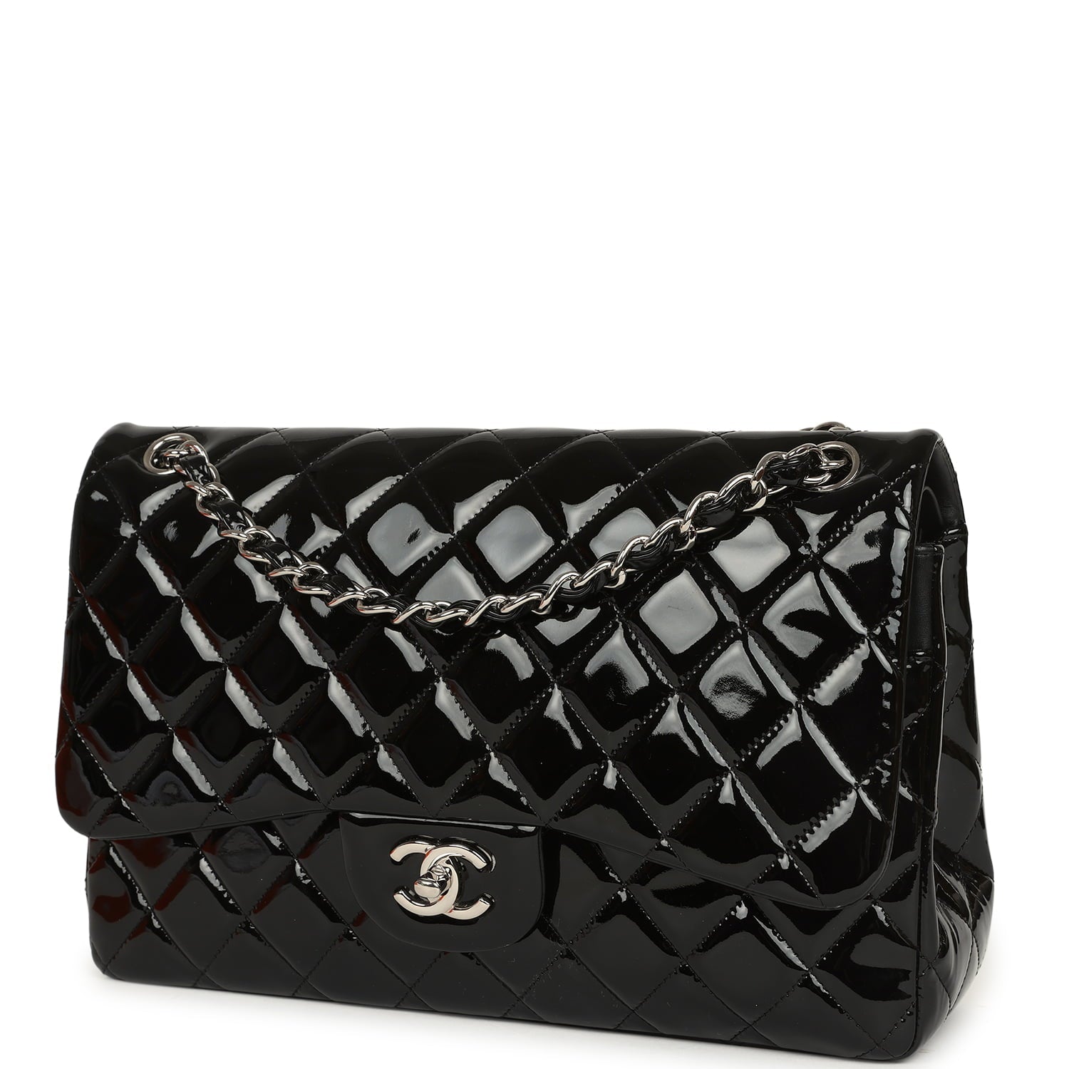 Jumbo Classic Double Flap Bag Black Patent Silver Hardware