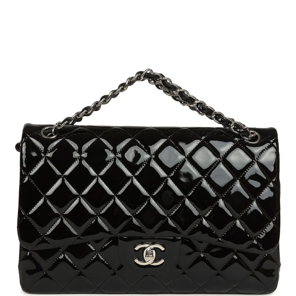 Jumbo Classic Double Flap Bag Black Patent Silver Hardware