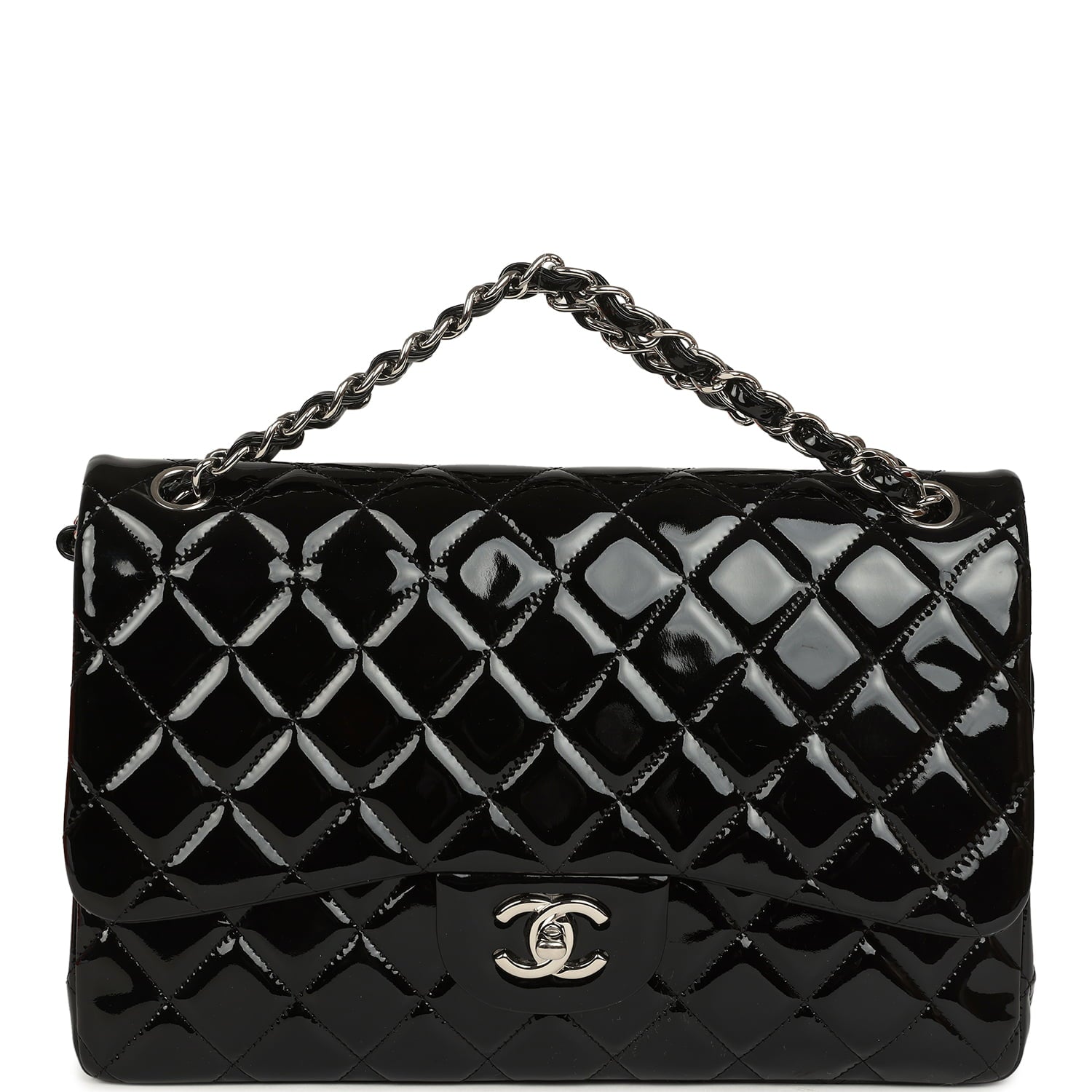 Jumbo Classic Double Flap Bag Black Patent Silver Hardware
