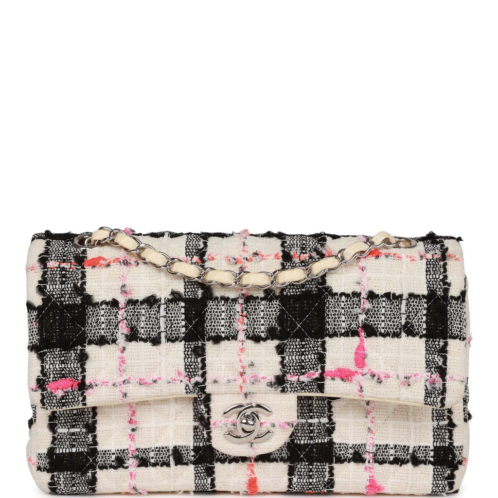 Medium Classic Double Flap Bag White, Black, and Pink Tweed Silver Hardware