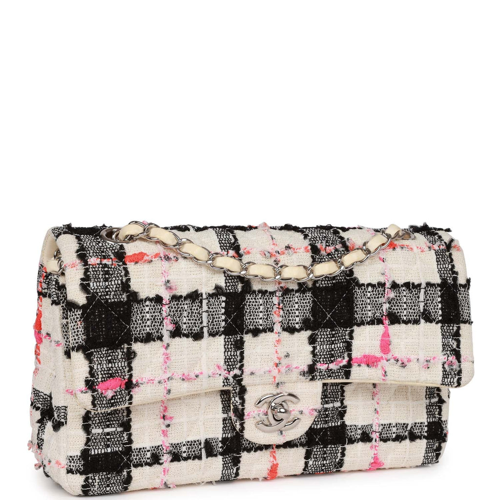 Medium Classic Double Flap Bag White, Black, and Pink Tweed Silver Hardware