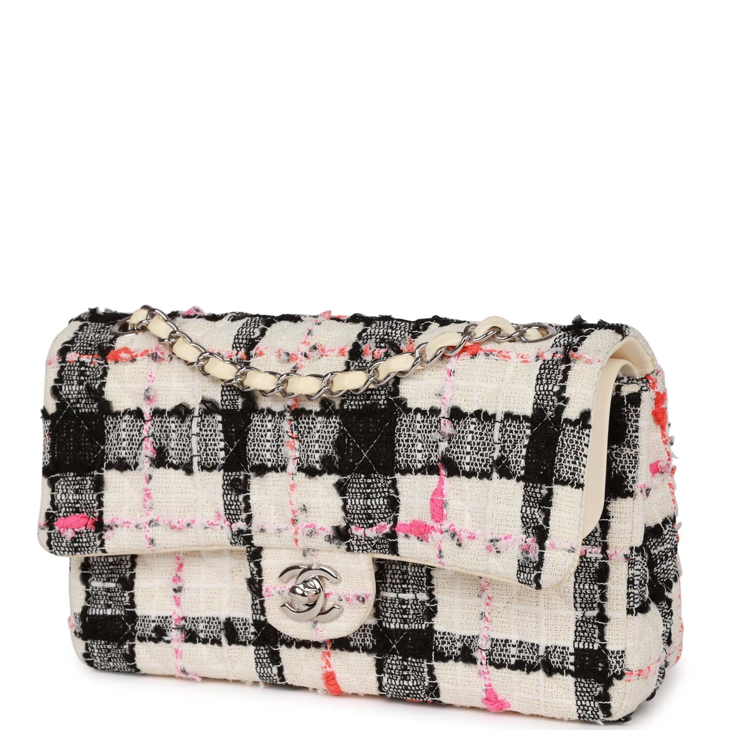 Medium Classic Double Flap Bag White, Black, and Pink Tweed Silver Hardware
