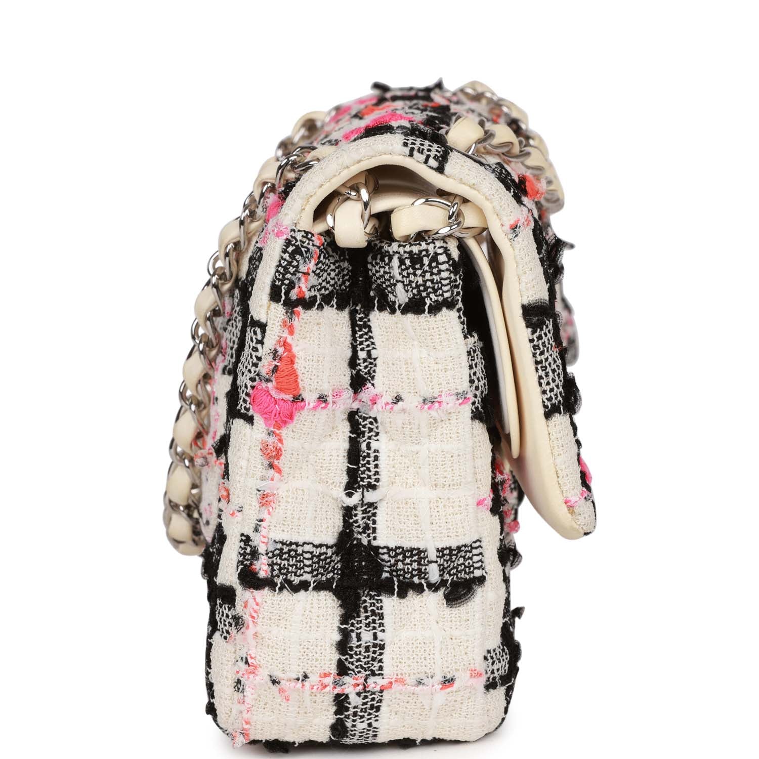Medium Classic Double Flap Bag White, Black, and Pink Tweed Silver Hardware