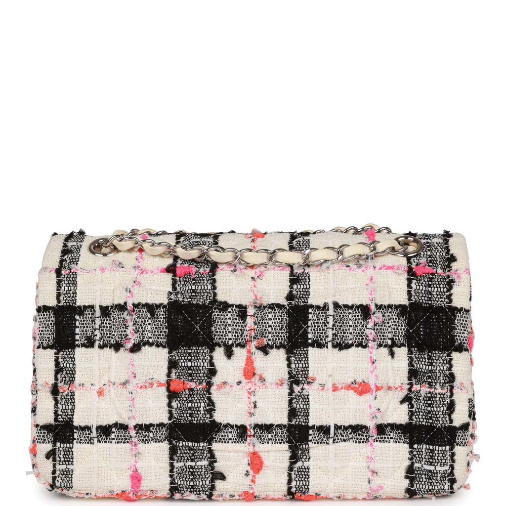 Medium Classic Double Flap Bag White, Black, and Pink Tweed Silver Hardware