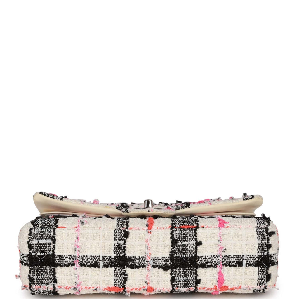 Medium Classic Double Flap Bag White, Black, and Pink Tweed Silver Hardware