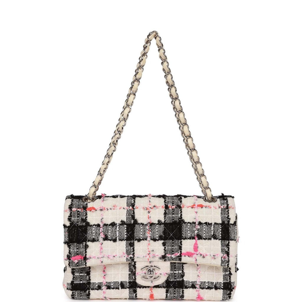 Medium Classic Double Flap Bag White, Black, and Pink Tweed Silver Hardware