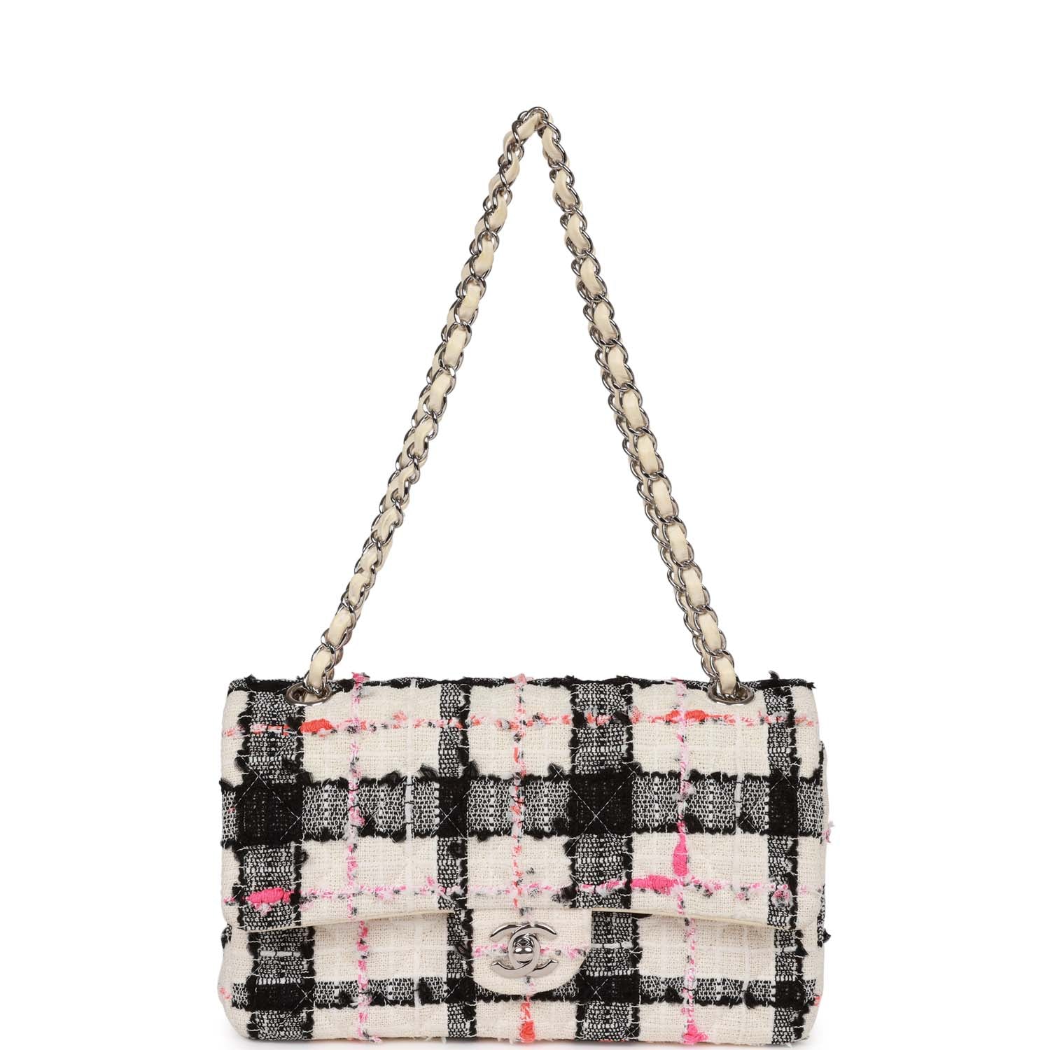 Medium Classic Double Flap Bag White, Black, and Pink Tweed Silver Hardware