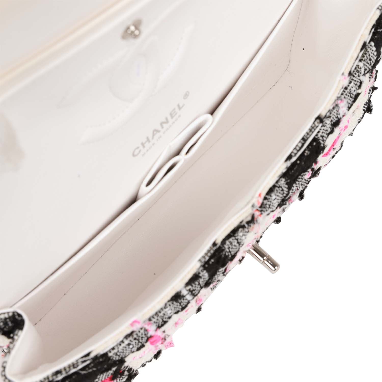 Medium Classic Double Flap Bag White, Black, and Pink Tweed Silver Hardware