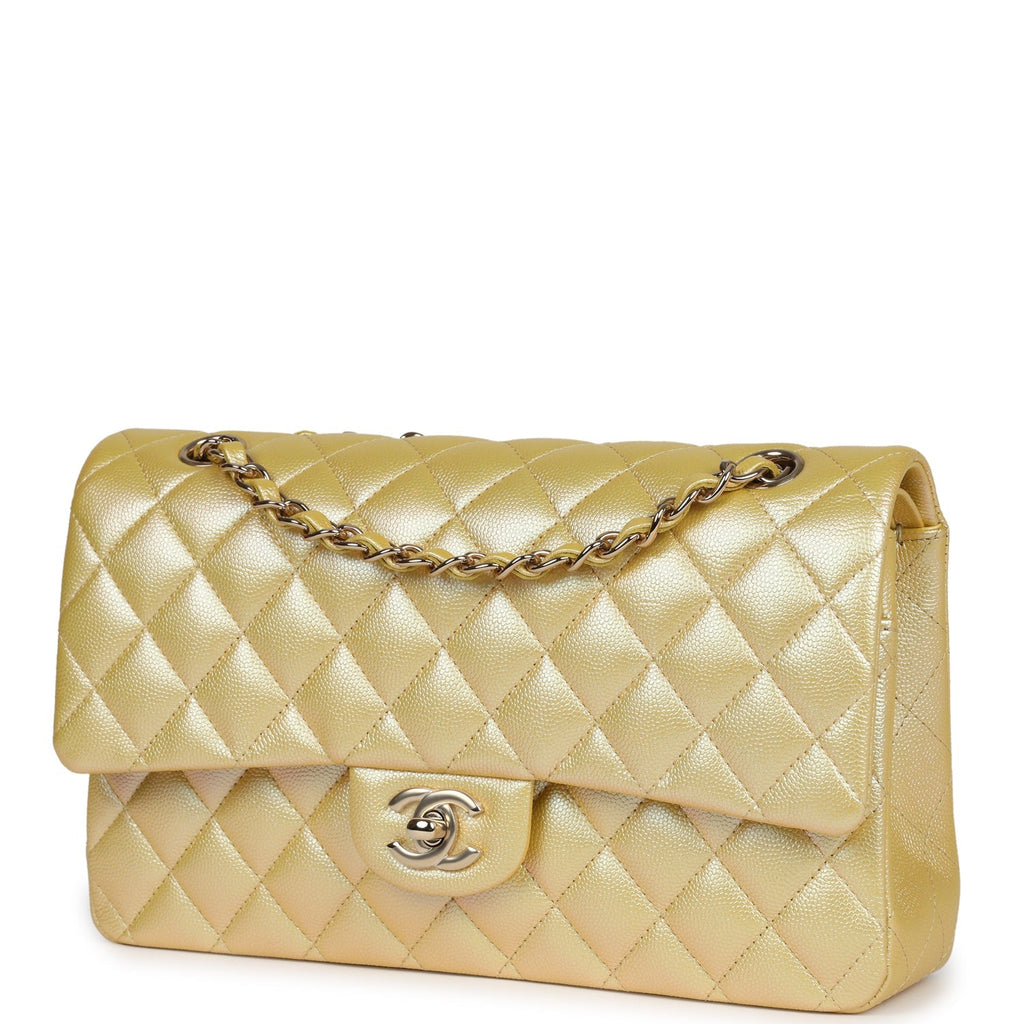 Medium Classic Double Flap Bag Yellow Iridescent Caviar Light Gold Hardware