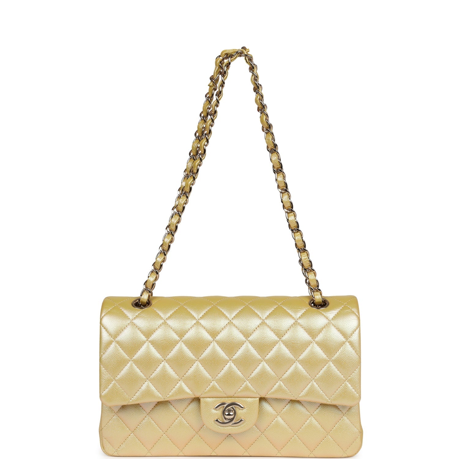 Medium Classic Double Flap Bag Yellow Iridescent Caviar Light Gold Hardware