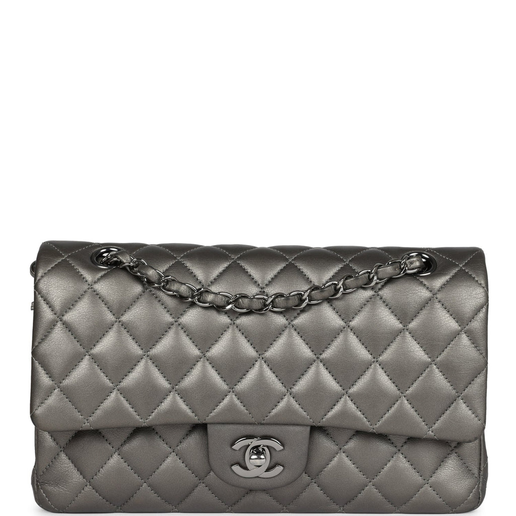 Medium Classic Double Flap Bag Metallic Grey Lambskin Silver Hardware