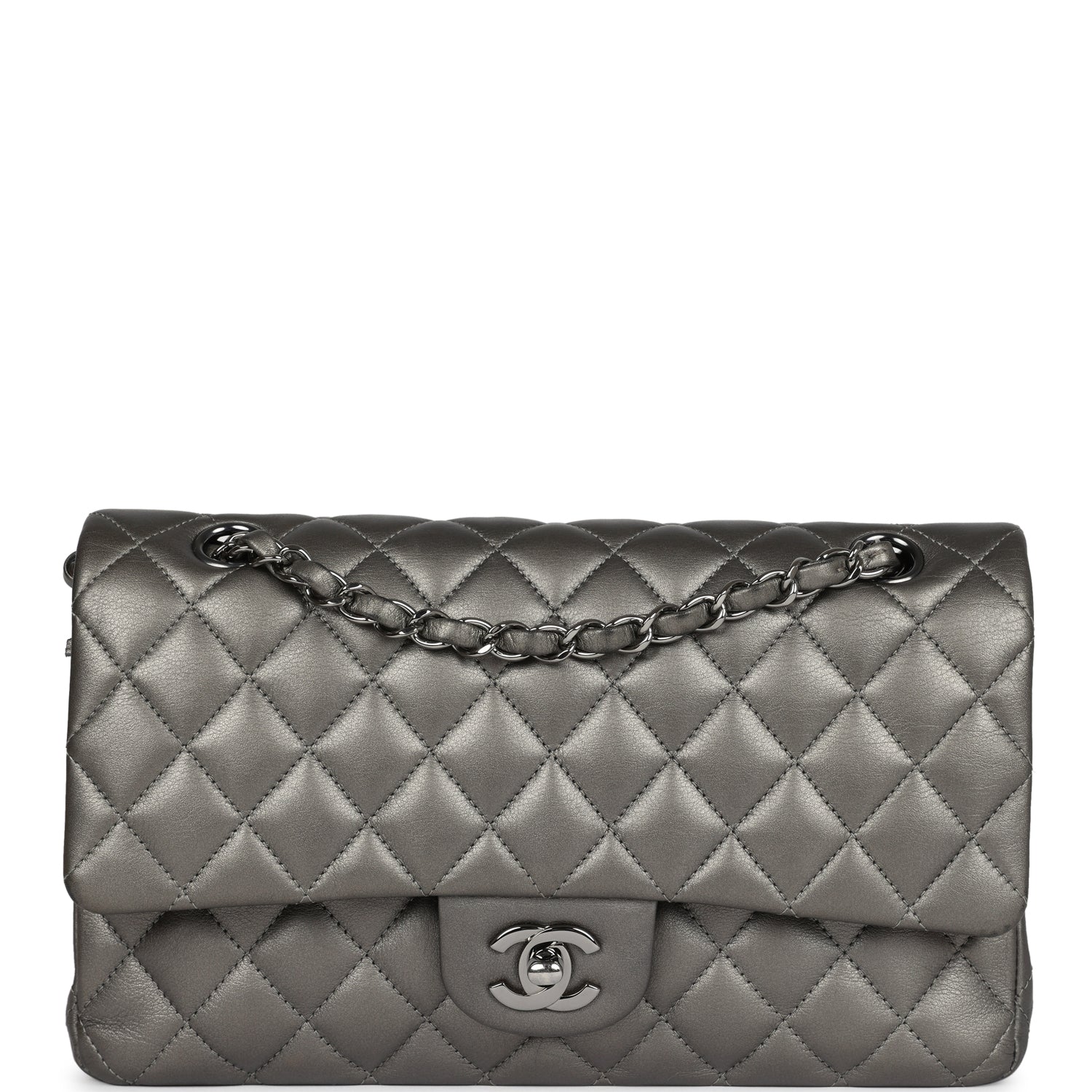 Medium Classic Double Flap Bag Metallic Grey Lambskin Silver Hardware