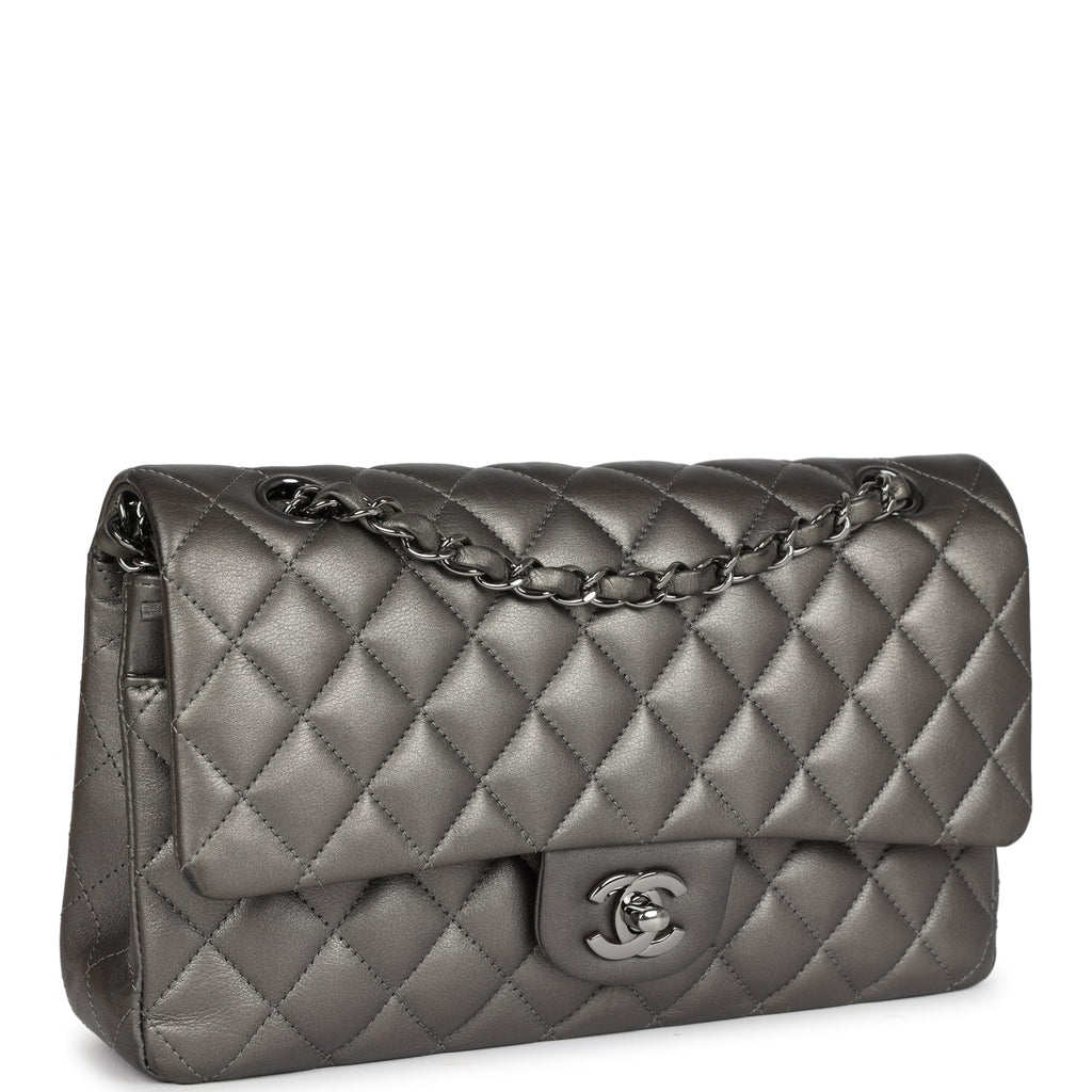 Medium Classic Double Flap Bag Metallic Grey Lambskin Silver Hardware