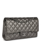 Medium Classic Double Flap Bag Metallic Grey Lambskin Silver Hardware