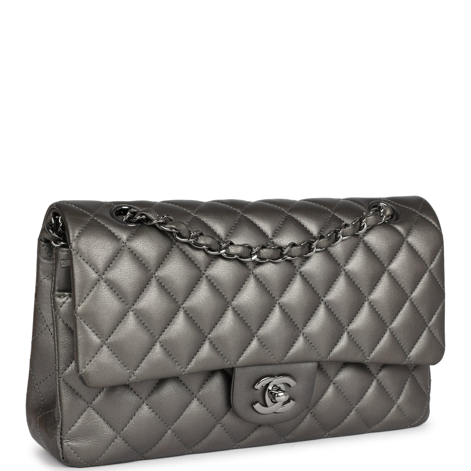 Medium Classic Double Flap Bag Metallic Grey Lambskin Silver Hardware