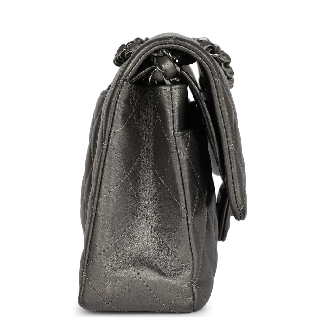 Medium Classic Double Flap Bag Metallic Grey Lambskin Silver Hardware
