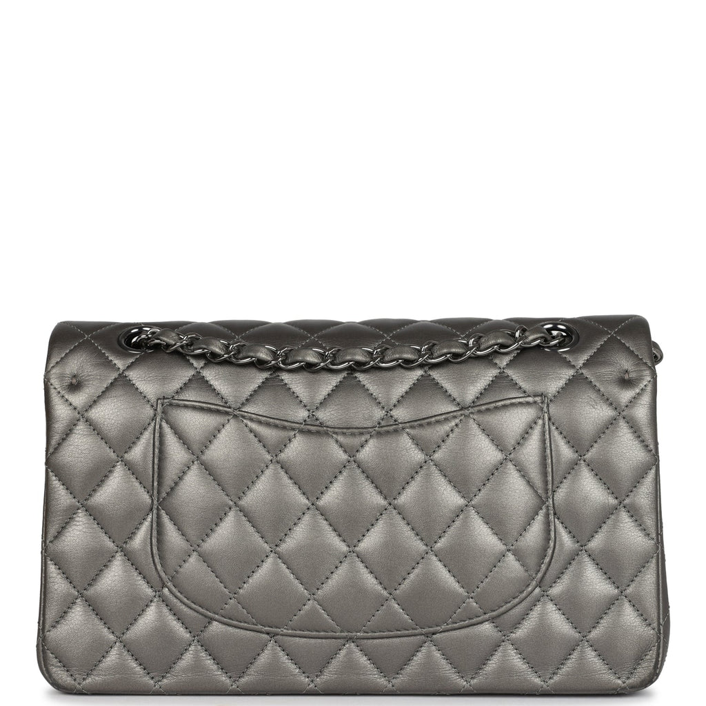 Medium Classic Double Flap Bag Metallic Grey Lambskin Silver Hardware