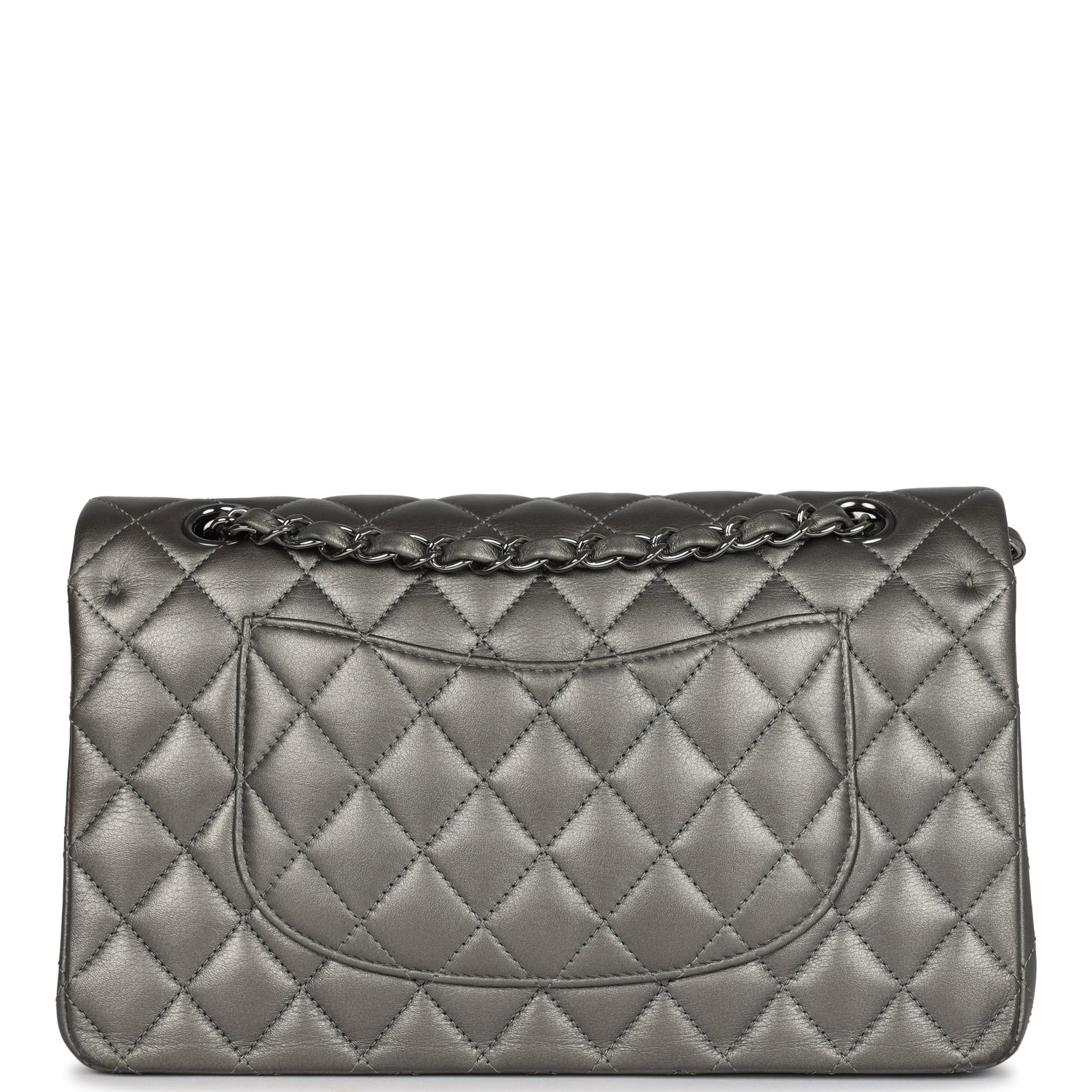 Medium Classic Double Flap Bag Metallic Grey Lambskin Silver Hardware