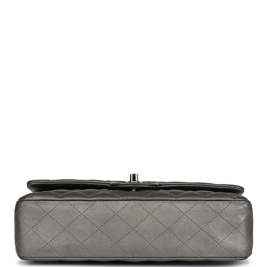 Medium Classic Double Flap Bag Metallic Grey Lambskin Silver Hardware