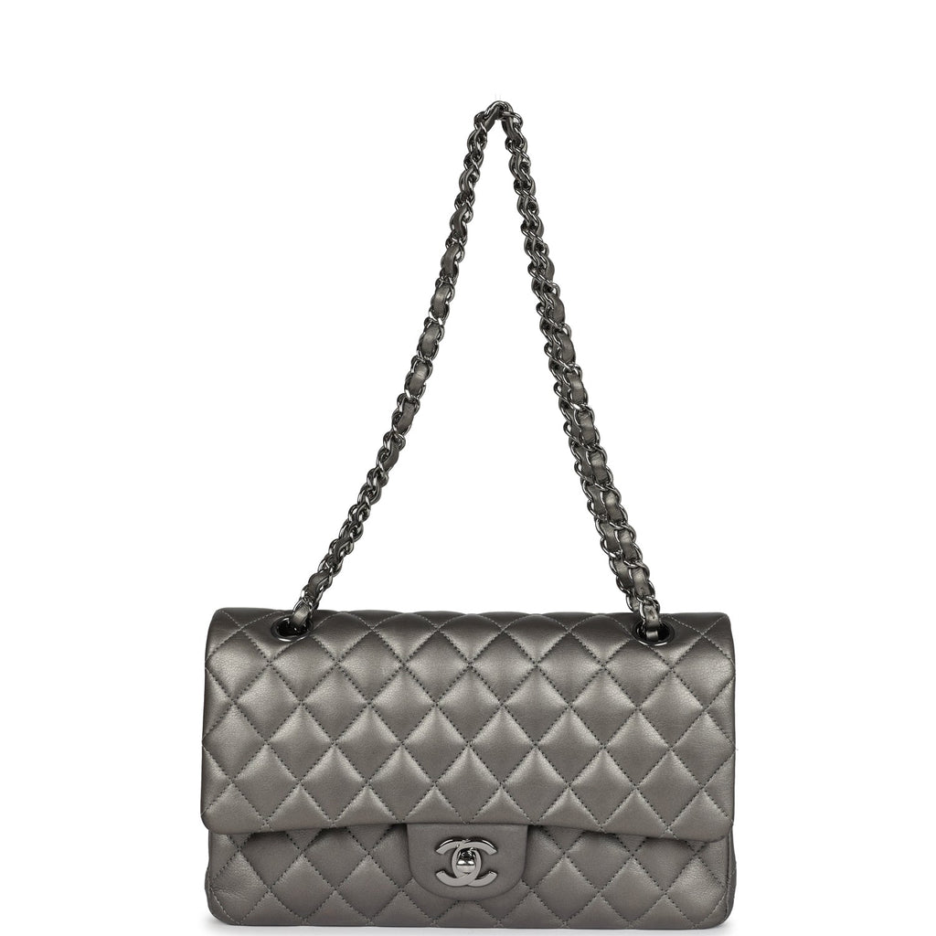 Medium Classic Double Flap Bag Metallic Grey Lambskin Silver Hardware