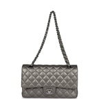 Medium Classic Double Flap Bag Metallic Grey Lambskin Silver Hardware