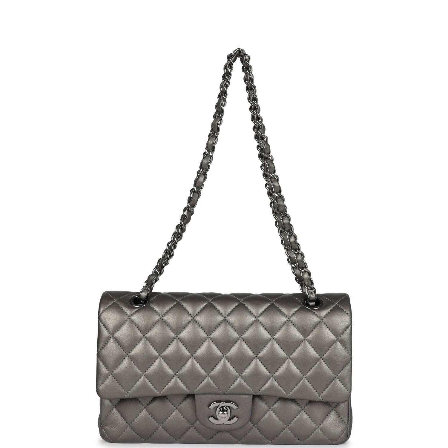 Medium Classic Double Flap Bag Metallic Grey Lambskin Silver Hardware