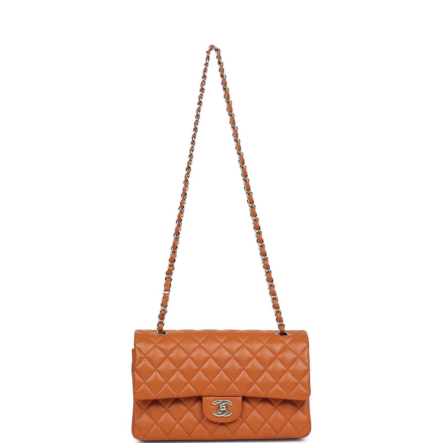 Chanel Medium Classic Double Flap Bag Caramel Shiny Caviar Light Gold Hardware