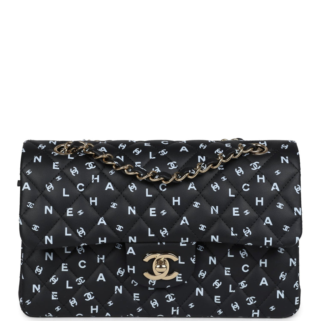 Small Classic Double Logo Printed Flap Bag Black and White Calfskin Gold Hardware