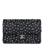 Small Classic Double Logo Printed Flap Bag Black and White Calfskin Gold Hardware