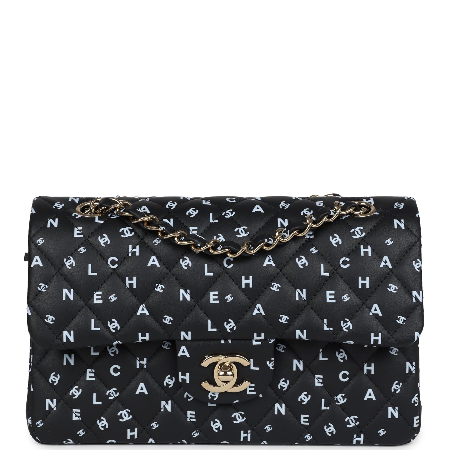 Small Classic Double Logo Printed Flap Bag Black and White Calfskin Gold Hardware